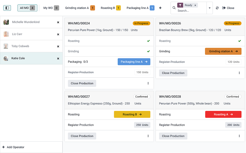 Odoo Manufacturing · Shop Floor — See production as it moves