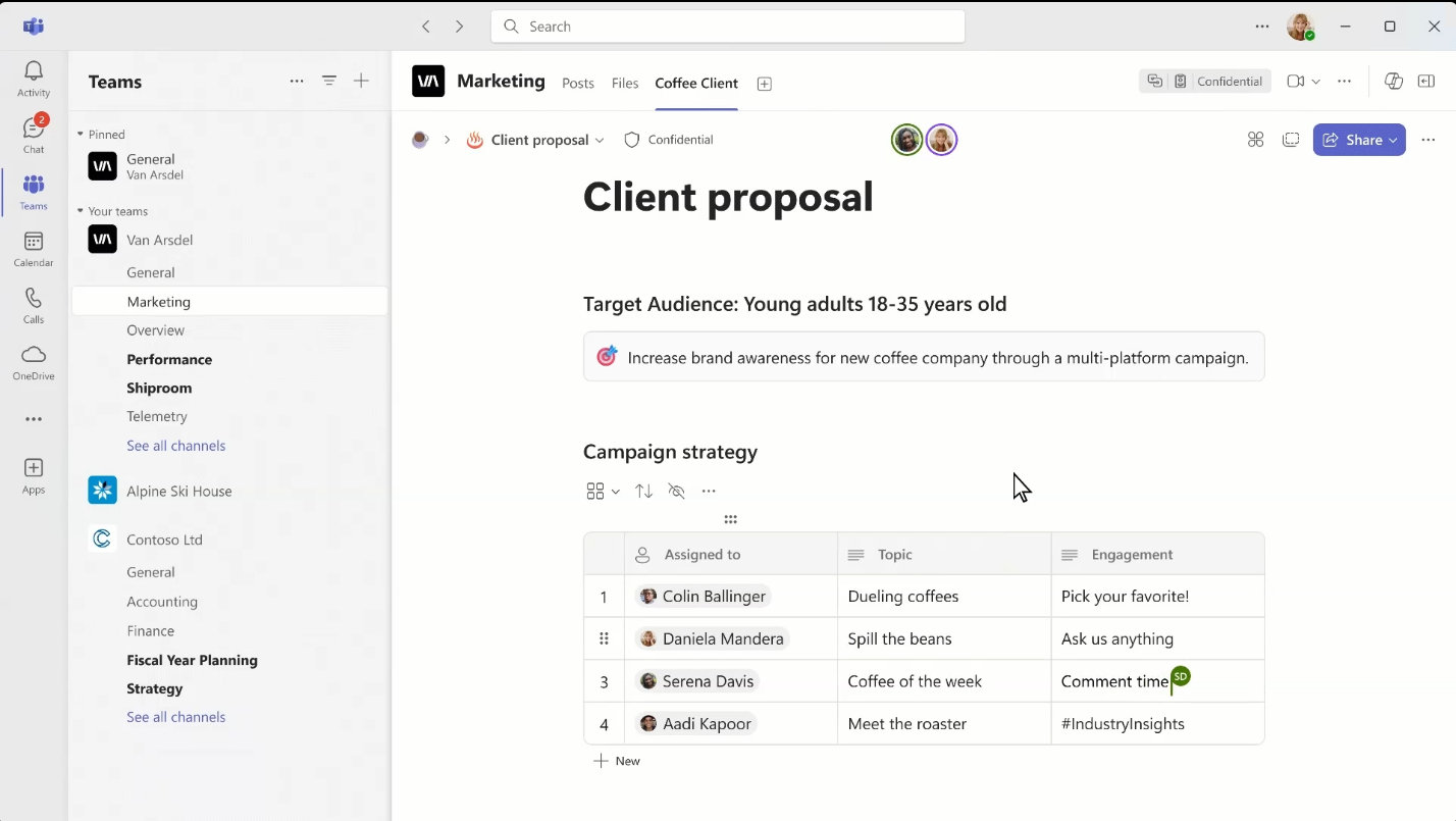 Microsoft Teams · channels and shared work — Keep discussions close to the work